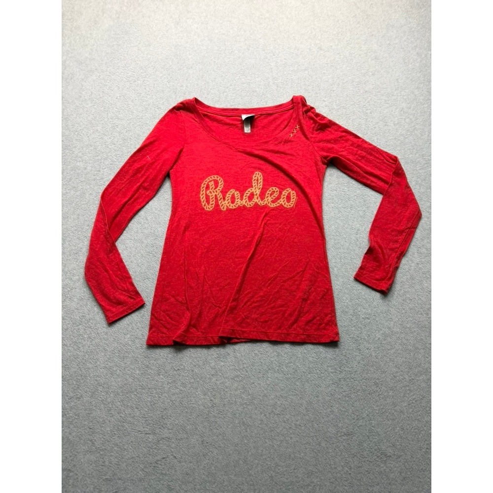 Bohemian Cowgirl Womens Red Rodeo Graphic Long Sleeve Scoop Neck T-Shirt Small